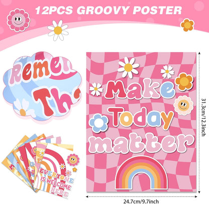 12 Pcs Retro Groovy Classroom Posters Decor, Pink Groovy