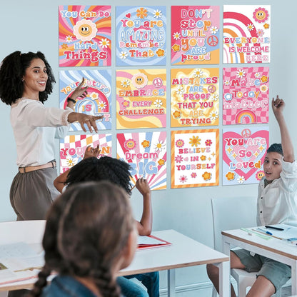 12 Pcs Retro Groovy Classroom Posters Decor, Pink Groovy