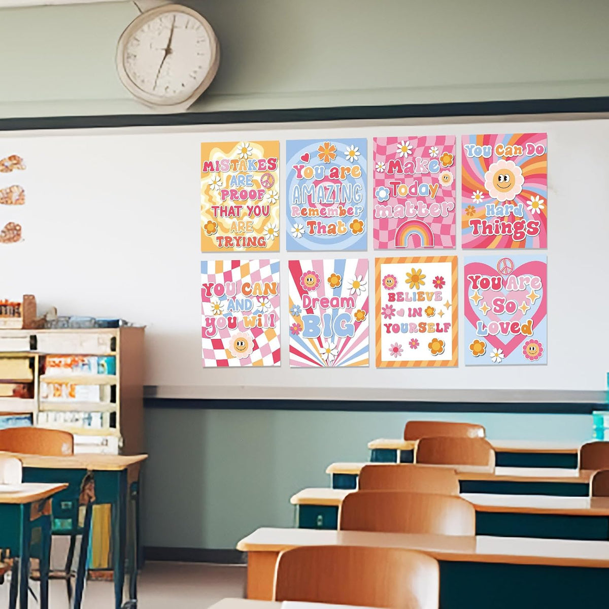12 Pcs Retro Groovy Classroom Posters Decor, Pink Groovy