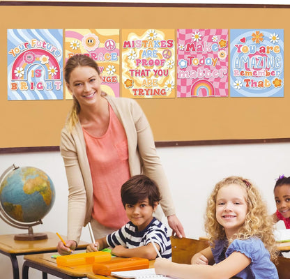 12 Pcs Retro Groovy Classroom Posters Decor, Pink Groovy