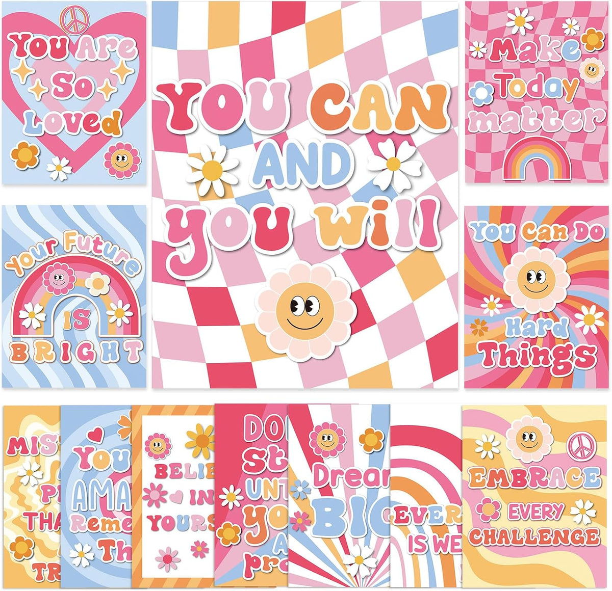12 Pcs Retro Groovy Classroom Posters Decor, Pink Groovy