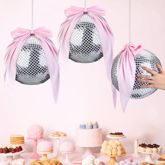 3 Set Pink Disco Party Decorations Disco Ball Hanging Ornaments Include 3 Inflatable Ball Cover and Inner 3 Pink Bow Foldable Mirror Decor for Wedding Birthday Baby Shower Bachelorette