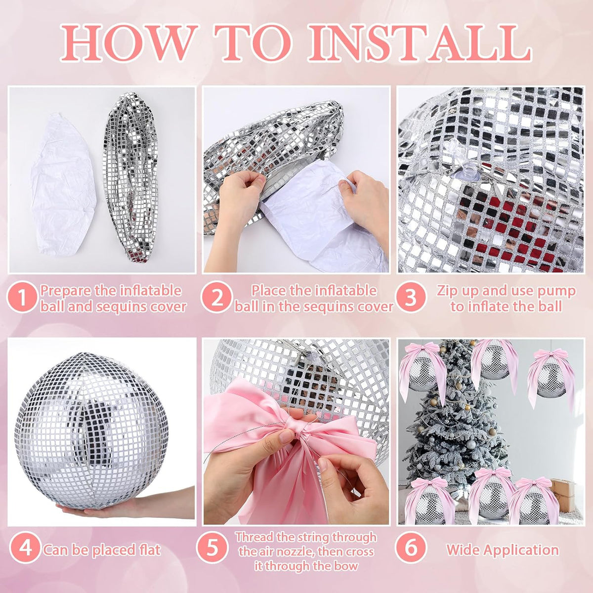 3 Set Pink Disco Party Decorations Disco Ball Hanging Ornaments Include 3 Inflatable Ball Cover and Inner 3 Pink Bow Foldable Mirror Decor for Wedding Birthday Baby Shower Bachelorette