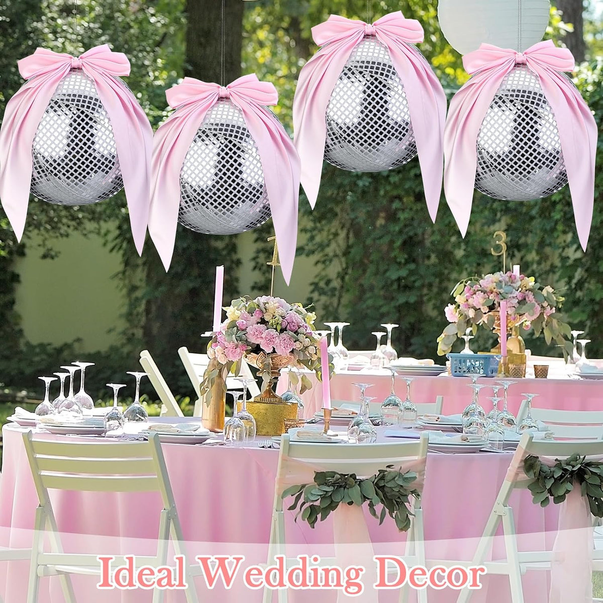 3 Set Pink Disco Party Decorations Disco Ball Hanging Ornaments Include 3 Inflatable Ball Cover and Inner 3 Pink Bow Foldable Mirror Decor for Wedding Birthday Baby Shower Bachelorette