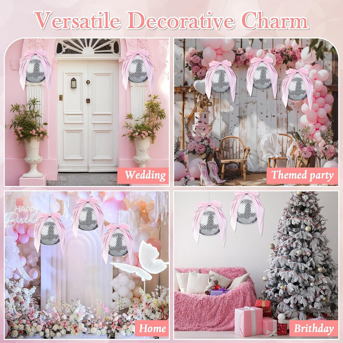 3 Set Pink Disco Party Decorations Disco Ball Hanging Ornaments Include 3 Inflatable Ball Cover and Inner 3 Pink Bow Foldable Mirror Decor for Wedding Birthday Baby Shower Bachelorette