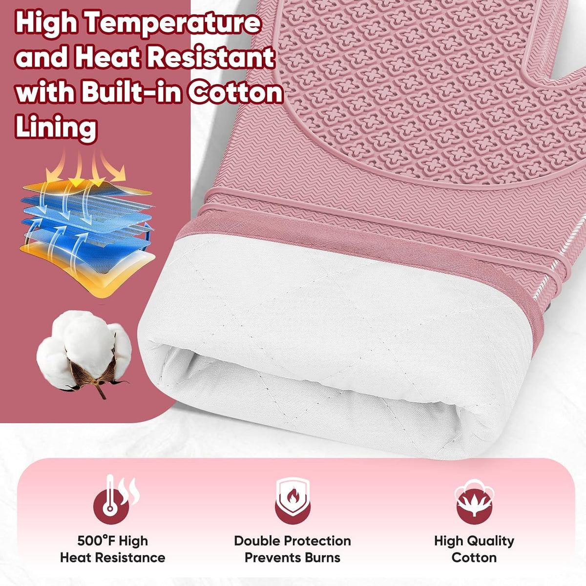 Silicone Oven Mitts, Heat Resistant Oven Gloves with Quilted Liner, Waterproof & Non-Slip Kitchen Mittens for Baking Cooking BBQ, 500°F, 12.5"-Rose Pink