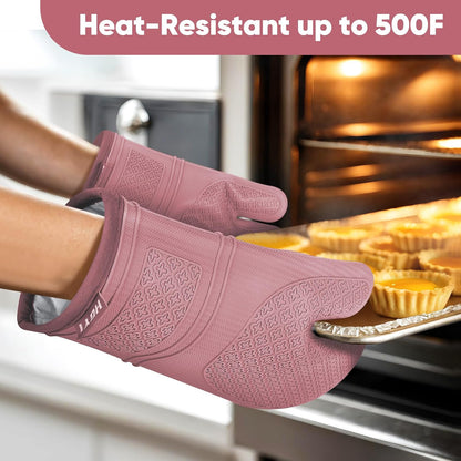 Silicone Oven Mitts, Heat Resistant Oven Gloves with Quilted Liner, Waterproof & Non-Slip Kitchen Mittens for Baking Cooking BBQ, 500°F, 12.5"-Rose Pink