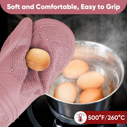 Silicone Oven Mitts, Heat Resistant Oven Gloves with Quilted Liner, Waterproof & Non-Slip Kitchen Mittens for Baking Cooking BBQ, 500°F, 12.5"-Rose Pink