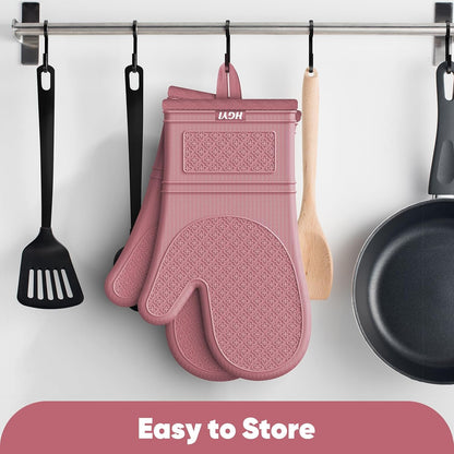 Silicone Oven Mitts, Heat Resistant Oven Gloves with Quilted Liner, Waterproof & Non-Slip Kitchen Mittens for Baking Cooking BBQ, 500°F, 12.5"-Rose Pink