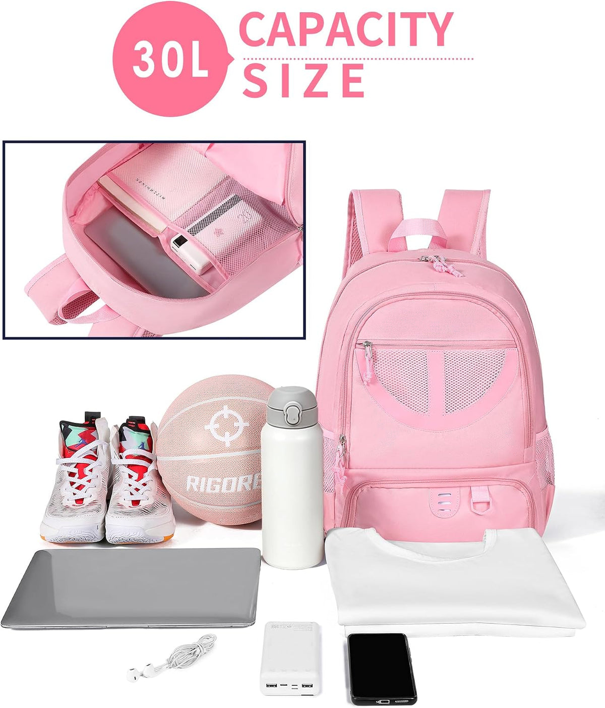 Basketball Bag Backpack for Men Women with Ball & Shoes Compartment 30L Capacity Lightweight Breathable Boys Girls Soccer Ball Bag Backpack Fit Volleyball Football Sports Travel School Gym
