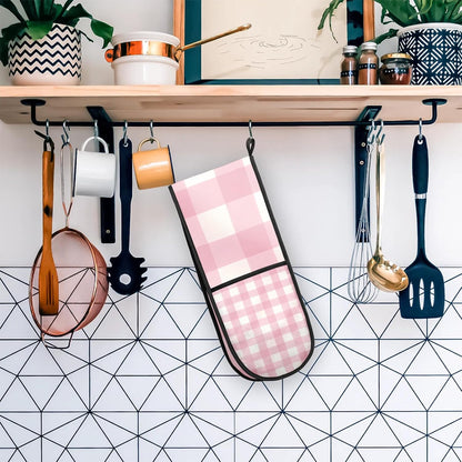 Gingham Pink Double Oven Mitts Heat Resistant BBQ Mittens with Hanging Loop Kitchen Mittens Kitchen Glove for Cooking Baking Grilling