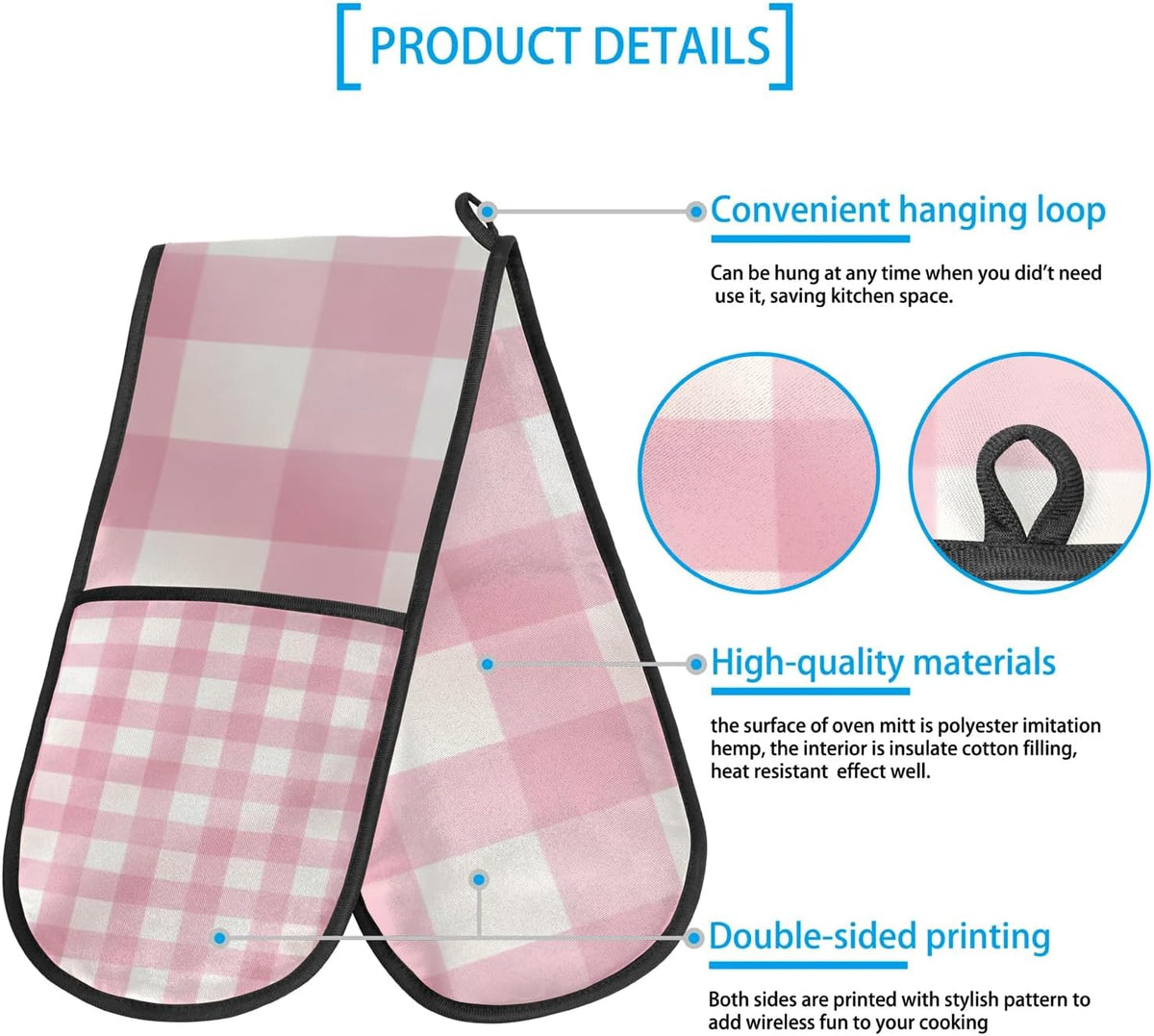 Gingham Pink Double Oven Mitts Heat Resistant BBQ Mittens with Hanging Loop Kitchen Mittens Kitchen Glove for Cooking Baking Grilling