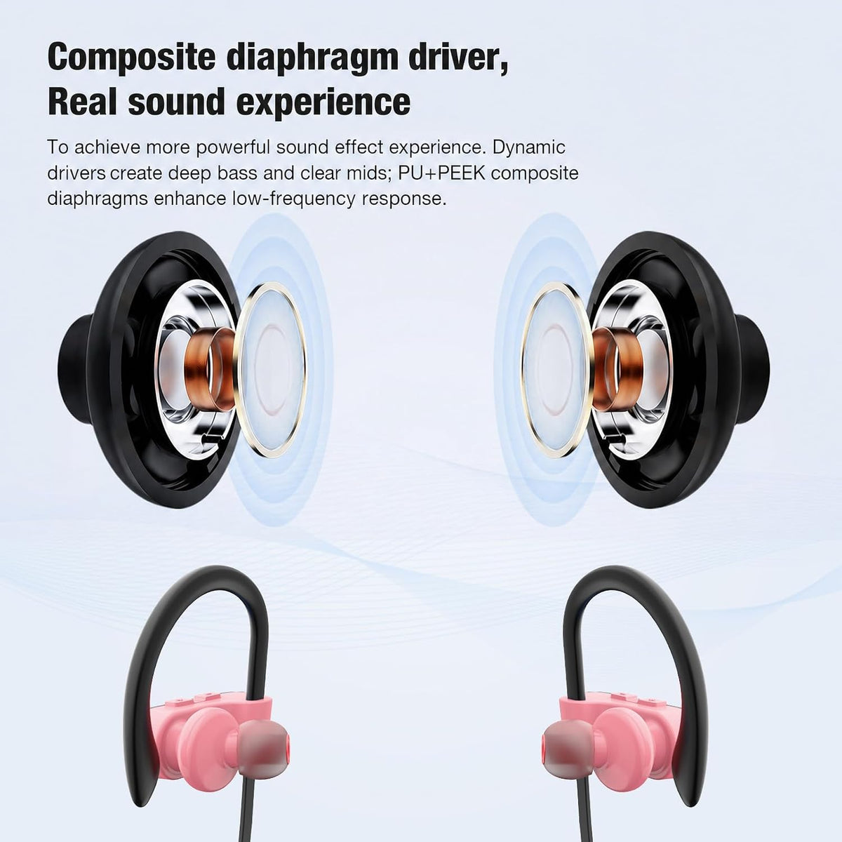 JOYWISE Bluetooth Headphones, Wireless Headphones 16H Playtime with Mic Stereo in-Ear Earphones, IPX7 Waterproof Sports Ear Buds Sound Isolation Headsets for Running, Workout Pink