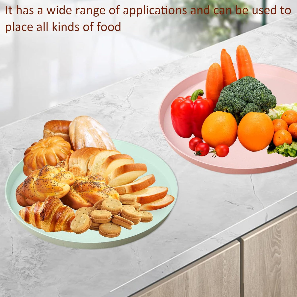 2 Pack Round Plastic Serving Tray Platter, 13 Inch Lightweight Wheat Straw Food Tray, Tea Tray for Party, Reusable Restaurant Fast Food Holder for Cup Cake Snack Fruits (Pink)