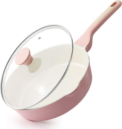 Nonstick Ceramic Skillet with Lid 10-inch, 3.5QT Non Toxic Deep Frying Pan, Saute Pan with Lid, Stay-cool Handle, Healthy Cooking Pot, Induction Compatible, Pink