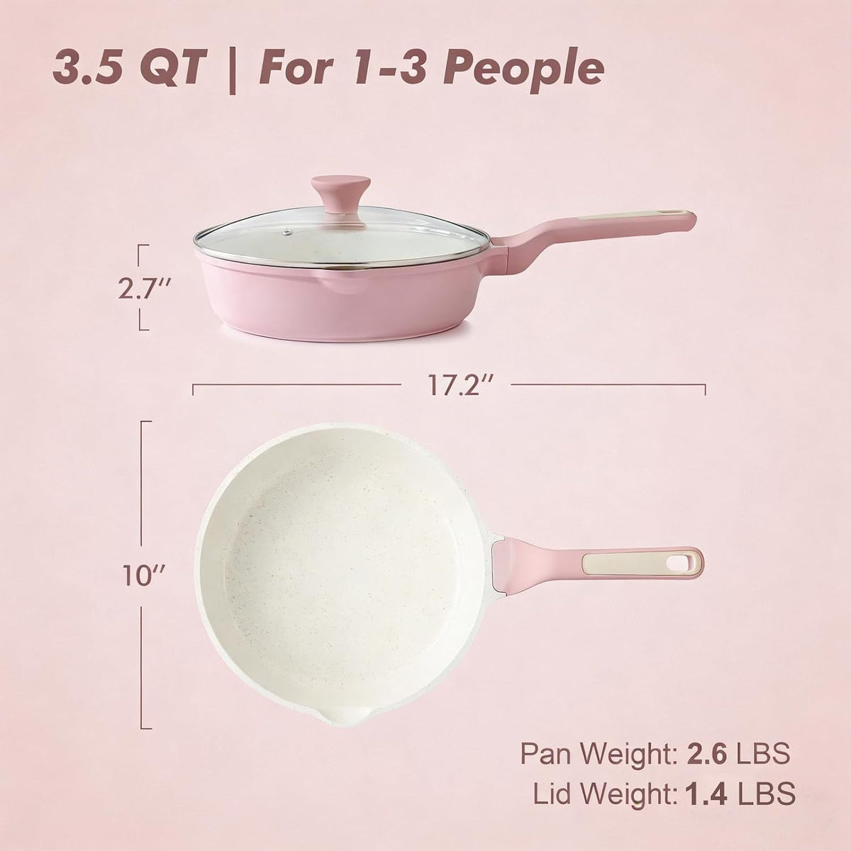 Nonstick Ceramic Skillet with Lid 10-inch, 3.5QT Non Toxic Deep Frying Pan, Saute Pan with Lid, Stay-cool Handle, Healthy Cooking Pot, Induction Compatible, Pink