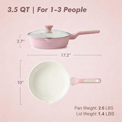 Nonstick Ceramic Skillet with Lid 10-inch, 3.5QT Non Toxic Deep Frying Pan, Saute Pan with Lid, Stay-cool Handle, Healthy Cooking Pot, Induction Compatible, Pink