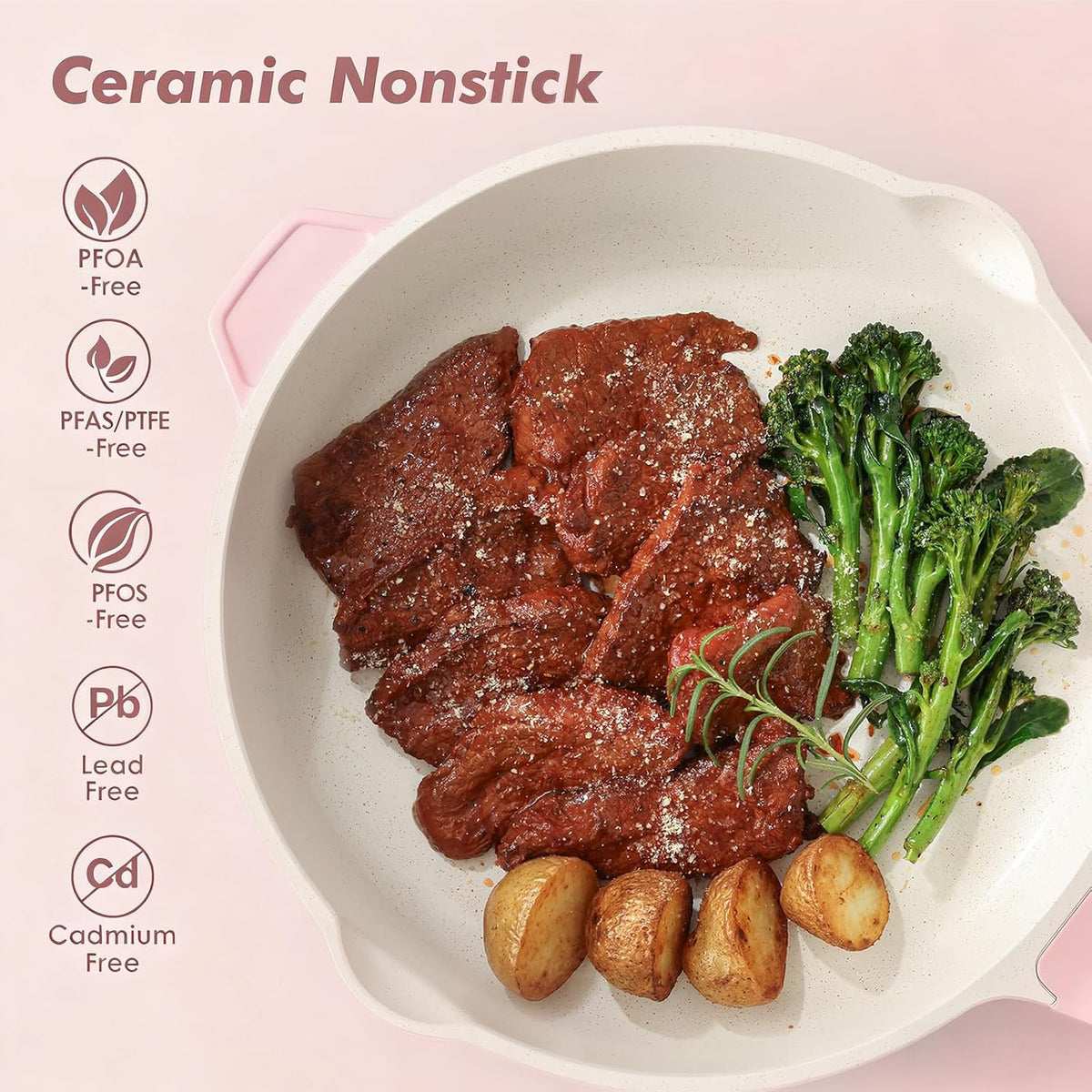 Nonstick Ceramic Skillet with Lid 10-inch, 3.5QT Non Toxic Deep Frying Pan, Saute Pan with Lid, Stay-cool Handle, Healthy Cooking Pot, Induction Compatible, Pink