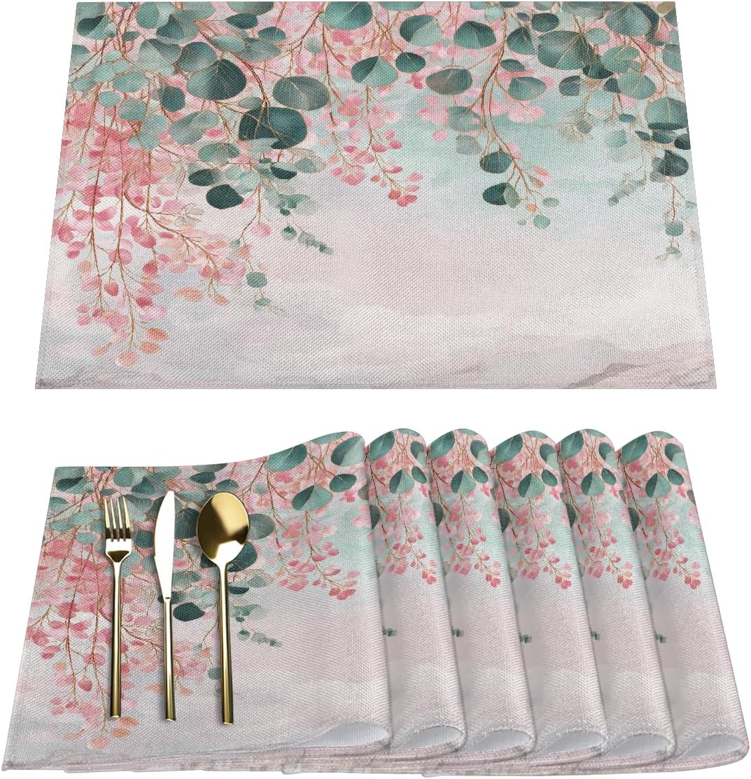 Placemats Set of 6, Washable Linen Place Mats 12x18 Inch Cloth Tables Mats for Party Kitchen Dining Table Decor(Pink Flower Floral Marble)