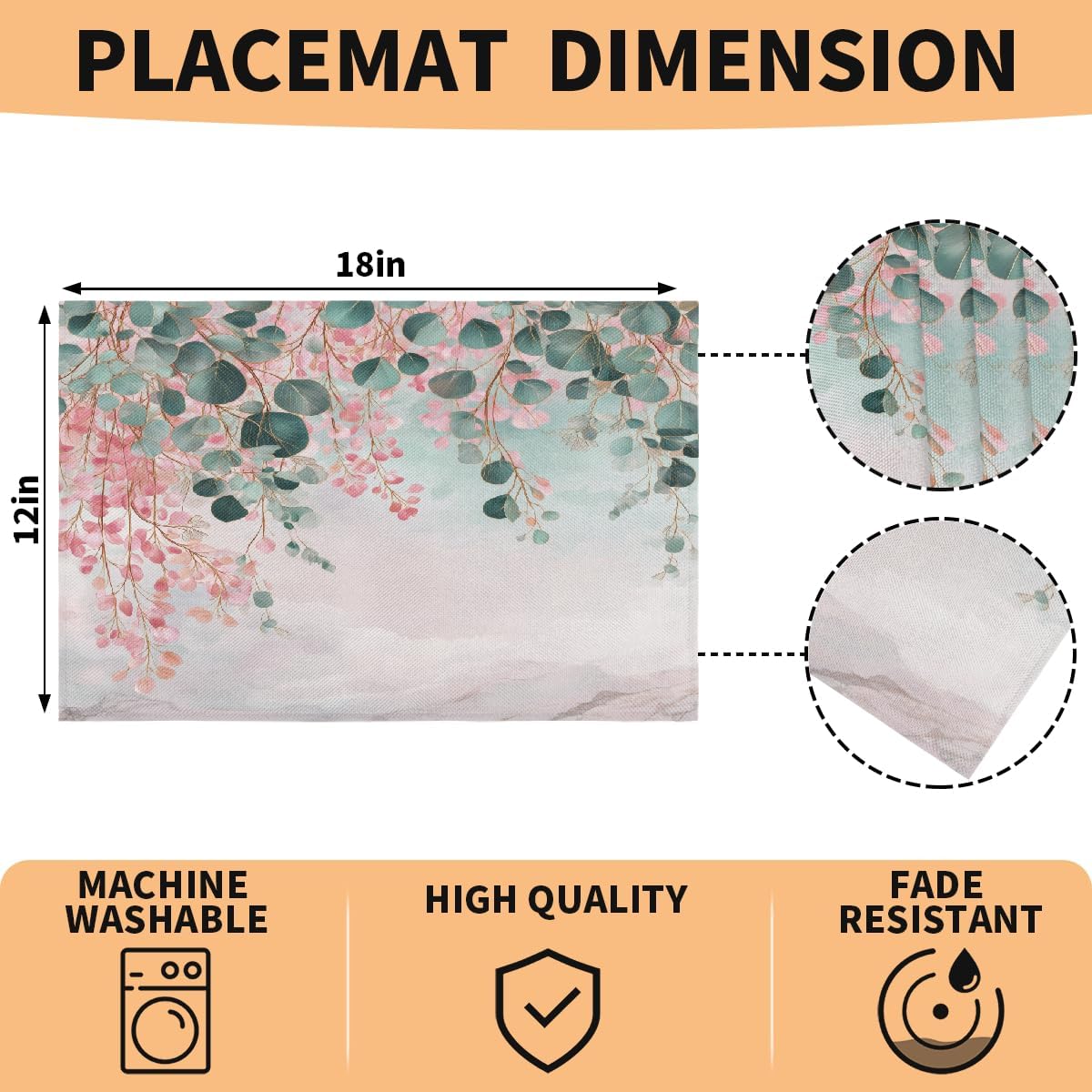 Placemats Set of 6, Washable Linen Place Mats 12x18 Inch Cloth Tables Mats for Party Kitchen Dining Table Decor(Pink Flower Floral Marble)