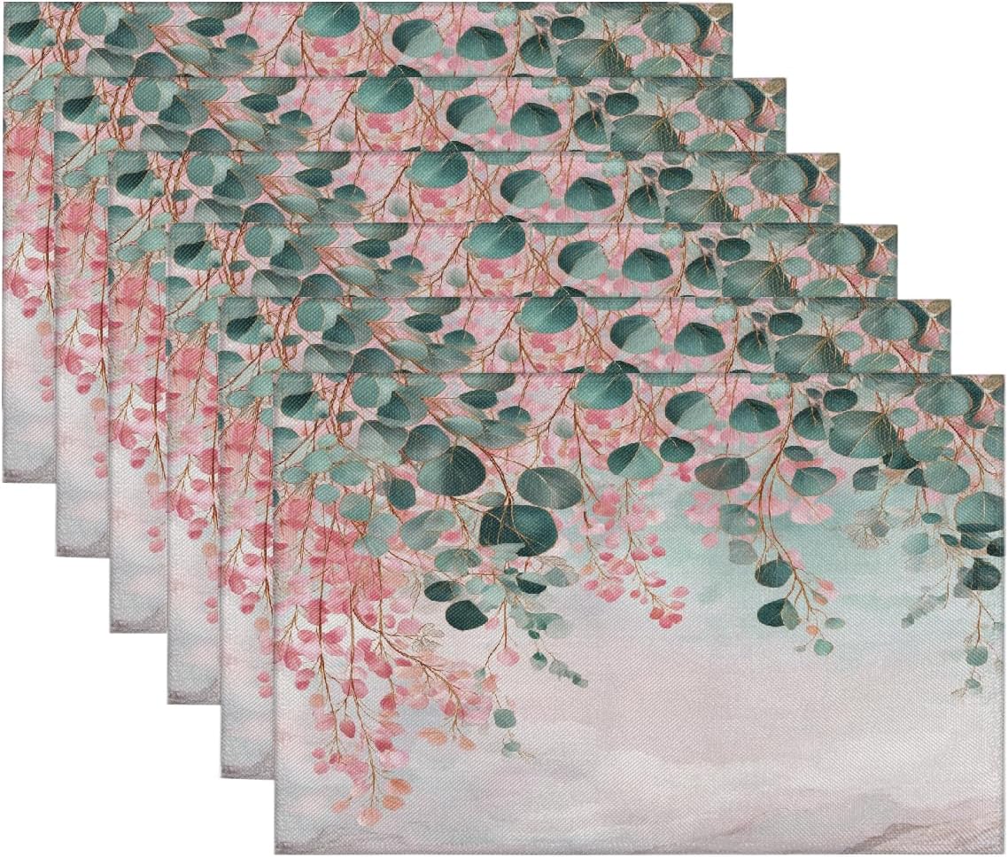 Placemats Set of 6, Washable Linen Place Mats 12x18 Inch Cloth Tables Mats for Party Kitchen Dining Table Decor(Pink Flower Floral Marble)