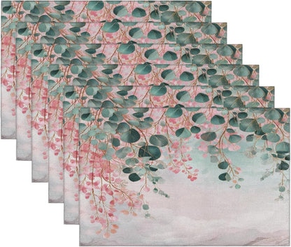 Placemats Set of 6, Washable Linen Place Mats 12x18 Inch Cloth Tables Mats for Party Kitchen Dining Table Decor(Pink Flower Floral Marble)
