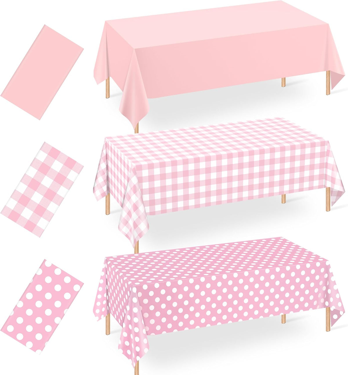 3 Pack Pink Party Tablecloths for Rectangle Tables, 54 x 108 Inch Disposable Plastic Table Covers Set, Pink, Pink Gingham & Polka Dot for Birthday, Baby Shower, Bridal Shower Decorations