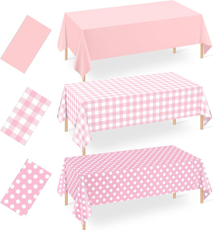 3 Pack Pink Party Tablecloths for Rectangle Tables, 54 x 108 Inch Disposable Plastic Table Covers Set, Pink, Pink Gingham & Polka Dot for Birthday, Baby Shower, Bridal Shower Decorations