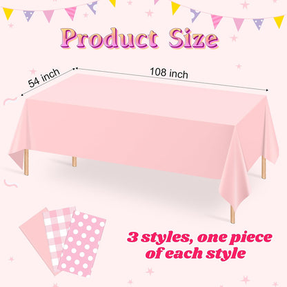 3 Pack Pink Party Tablecloths for Rectangle Tables, 54 x 108 Inch Disposable Plastic Table Covers Set, Pink, Pink Gingham & Polka Dot for Birthday, Baby Shower, Bridal Shower Decorations