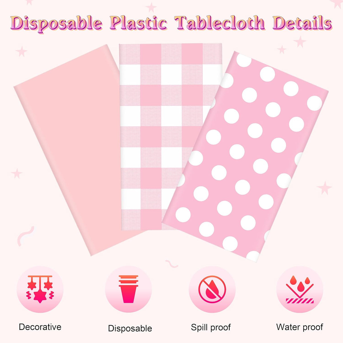 3 Pack Pink Party Tablecloths for Rectangle Tables, 54 x 108 Inch Disposable Plastic Table Covers Set, Pink, Pink Gingham & Polka Dot for Birthday, Baby Shower, Bridal Shower Decorations