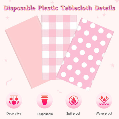 3 Pack Pink Party Tablecloths for Rectangle Tables, 54 x 108 Inch Disposable Plastic Table Covers Set, Pink, Pink Gingham & Polka Dot for Birthday, Baby Shower, Bridal Shower Decorations