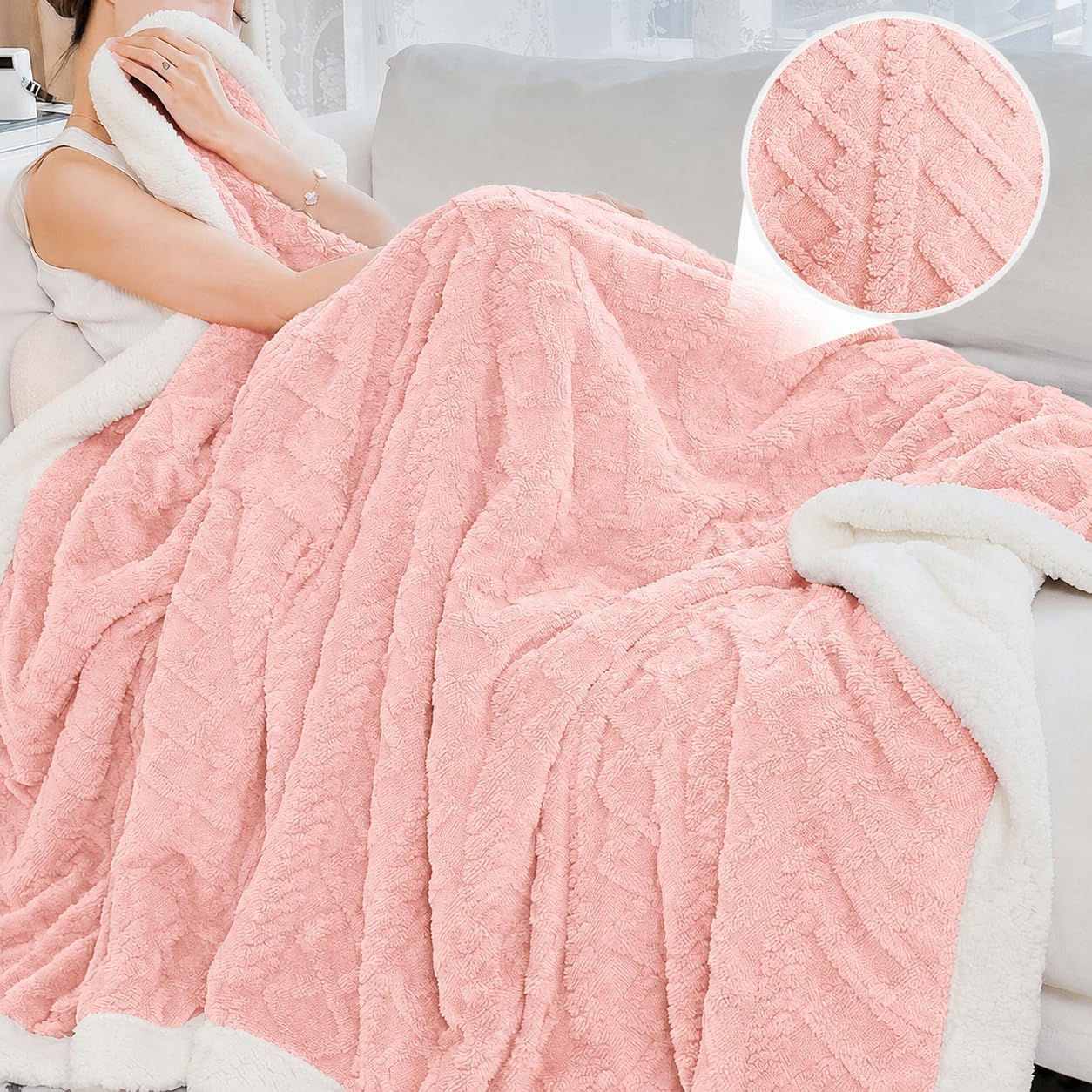 Reversible Sherpa Fleece Soft Blanket for Bed,Soft Pink Throw XL | Double-sided Cozy Blankets,No Shedding or Pilling,Soft Warm Fuzzy Comfort for Bed,Couch,Travel,Pets & Easy Care