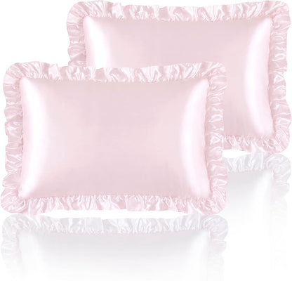 Blush Pink Satin Ruffled Pillow Cases for Hair and Skin,Blush Pink Silk Pillowcases Standard Set of 2 with Envelope Closure Princess Room Decoration