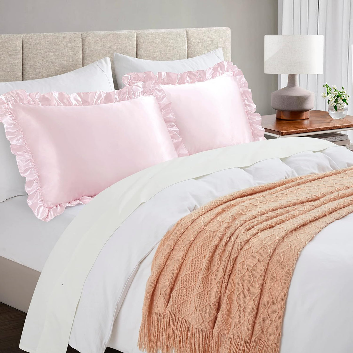Blush Pink Satin Ruffled Pillow Cases for Hair and Skin,Blush Pink Silk Pillowcases Standard Set of 2 with Envelope Closure Princess Room Decoration