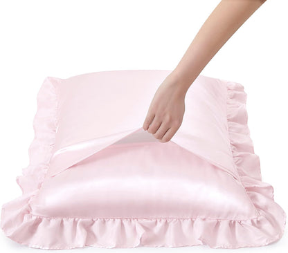 Blush Pink Satin Ruffled Pillow Cases for Hair and Skin,Blush Pink Silk Pillowcases Standard Set of 2 with Envelope Closure Princess Room Decoration
