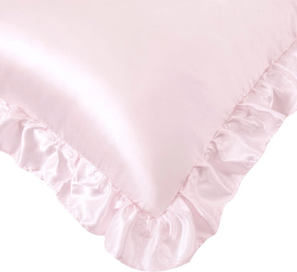 Blush Pink Satin Ruffled Pillow Cases for Hair and Skin,Blush Pink Silk Pillowcases Standard Set of 2 with Envelope Closure Princess Room Decoration