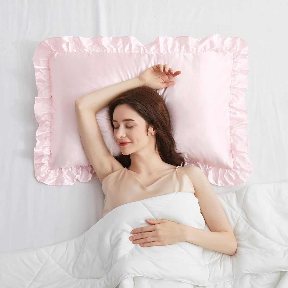 Blush Pink Satin Ruffled Pillow Cases for Hair and Skin,Blush Pink Silk Pillowcases Standard Set of 2 with Envelope Closure Princess Room Decoration