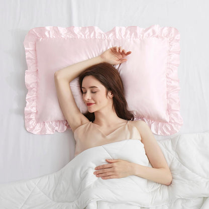 Blush Pink Satin Ruffled Pillow Cases for Hair and Skin,Blush Pink Silk Pillowcases Standard Set of 2 with Envelope Closure Princess Room Decoration