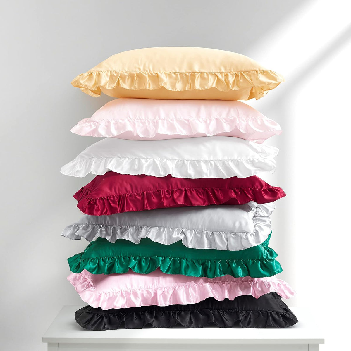 Blush Pink Satin Ruffled Pillow Cases for Hair and Skin,Blush Pink Silk Pillowcases Standard Set of 2 with Envelope Closure Princess Room Decoration