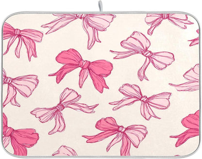 Pink Bows Light Dish Drying Mat Absorbent Dishes Drainer Rack Mats Microfiber Reversible Dish Drying Pad Fast Dry Kitchen Accessories 16x18in For Kitchen Counter