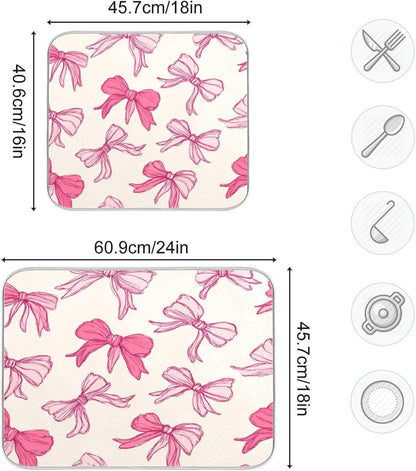Pink Bows Light Dish Drying Mat Absorbent Dishes Drainer Rack Mats Microfiber Reversible Dish Drying Pad Fast Dry Kitchen Accessories 16x18in For Kitchen Counter