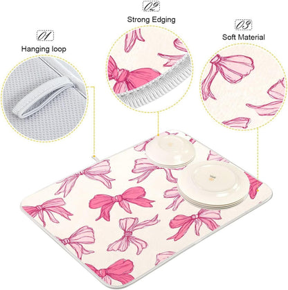 Pink Bows Light Dish Drying Mat Absorbent Dishes Drainer Rack Mats Microfiber Reversible Dish Drying Pad Fast Dry Kitchen Accessories 16x18in For Kitchen Counter
