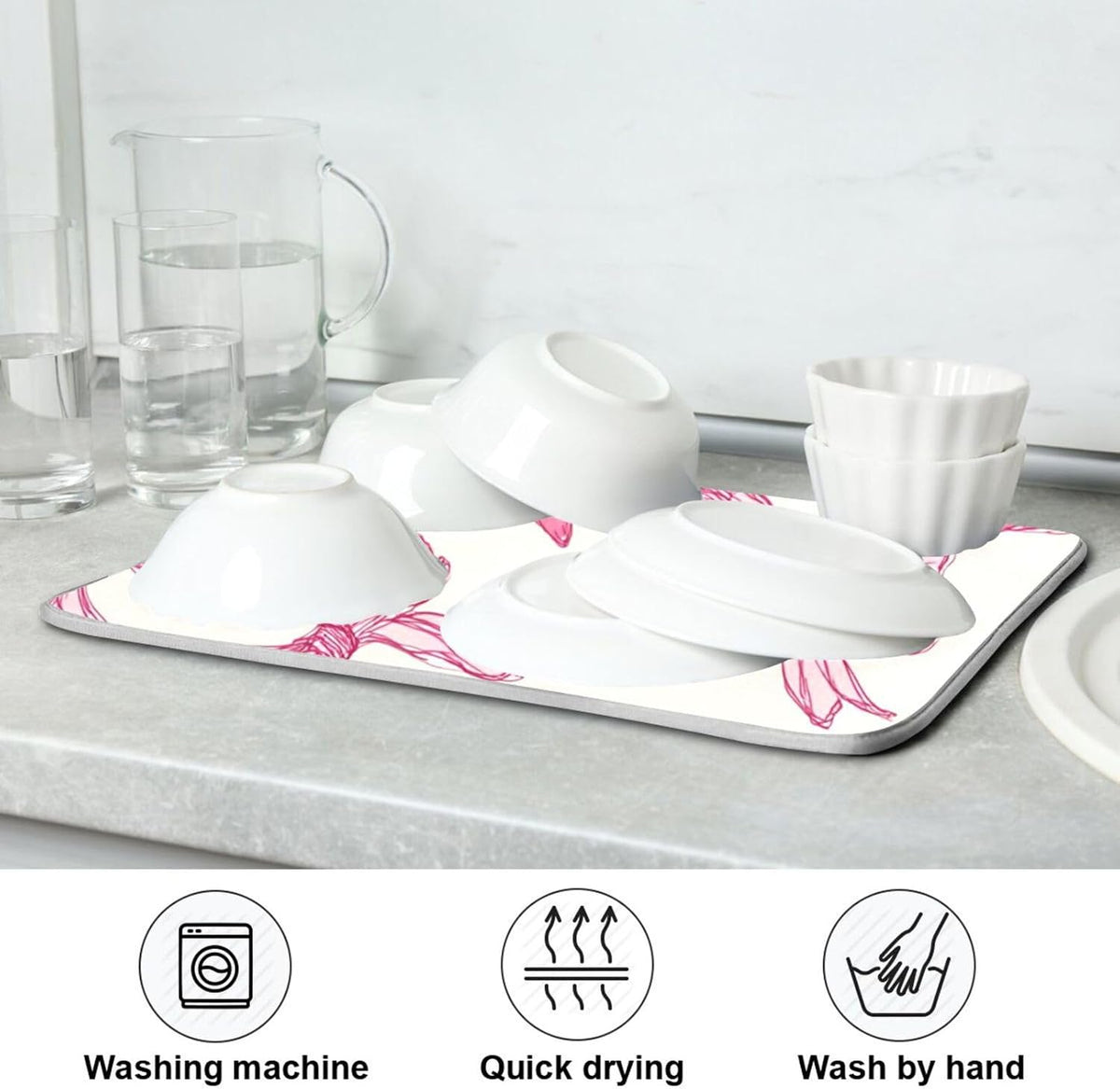 Pink Bows Light Dish Drying Mat Absorbent Dishes Drainer Rack Mats Microfiber Reversible Dish Drying Pad Fast Dry Kitchen Accessories 16x18in For Kitchen Counter