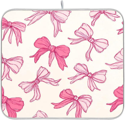 Pink Bows Light Dish Drying Mat Absorbent Dishes Drainer Rack Mats Microfiber Reversible Dish Drying Pad Fast Dry Kitchen Accessories 16x18in For Kitchen Counter