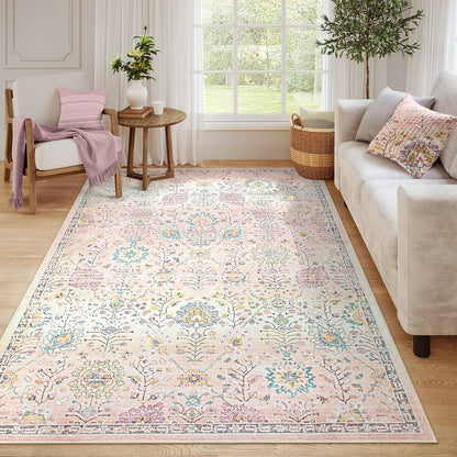 Girls Bedroom Pink Rug 6x9, Soft Washable Floral Area Rug, Non Slip Light Pink Carpet for Dorm Room, Playroom, Kids Room, Nursery and Classroom Decor
