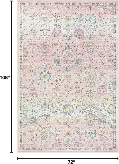 Girls Bedroom Pink Rug 6x9, Soft Washable Floral Area Rug, Non Slip Light Pink Carpet for Dorm Room, Playroom, Kids Room, Nursery and Classroom Decor