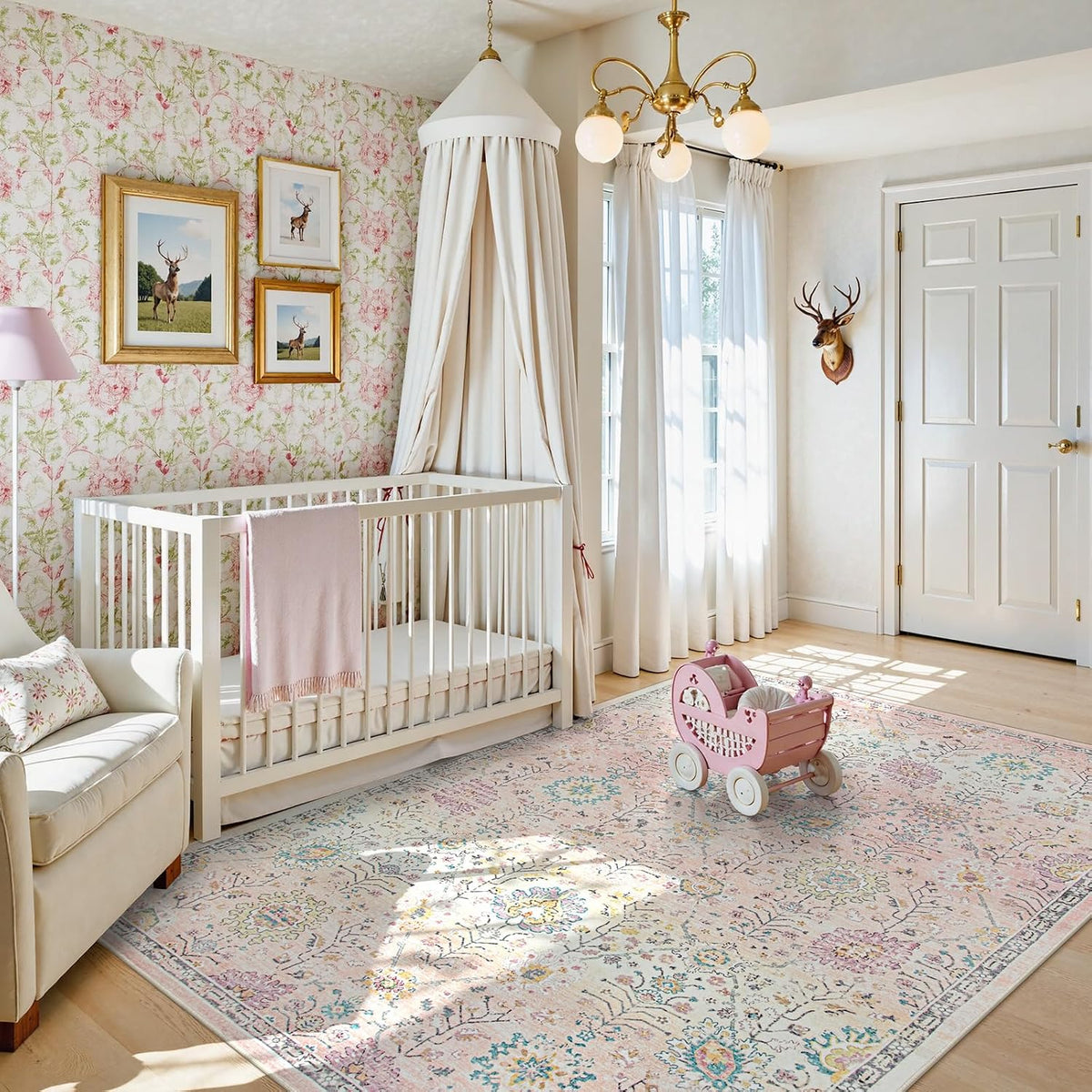 Girls Bedroom Pink Rug 6x9, Soft Washable Floral Area Rug, Non Slip Light Pink Carpet for Dorm Room, Playroom, Kids Room, Nursery and Classroom Decor