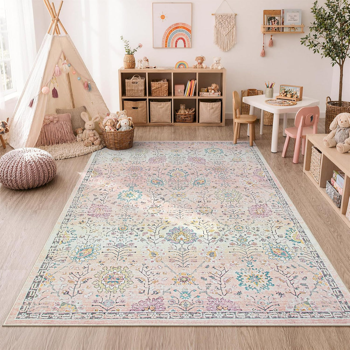 Girls Bedroom Pink Rug 6x9, Soft Washable Floral Area Rug, Non Slip Light Pink Carpet for Dorm Room, Playroom, Kids Room, Nursery and Classroom Decor