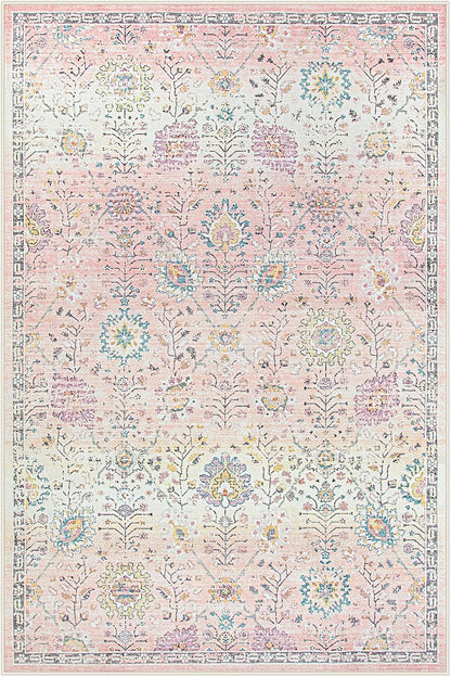 Girls Bedroom Pink Rug 6x9, Soft Washable Floral Area Rug, Non Slip Light Pink Carpet for Dorm Room, Playroom, Kids Room, Nursery and Classroom Decor