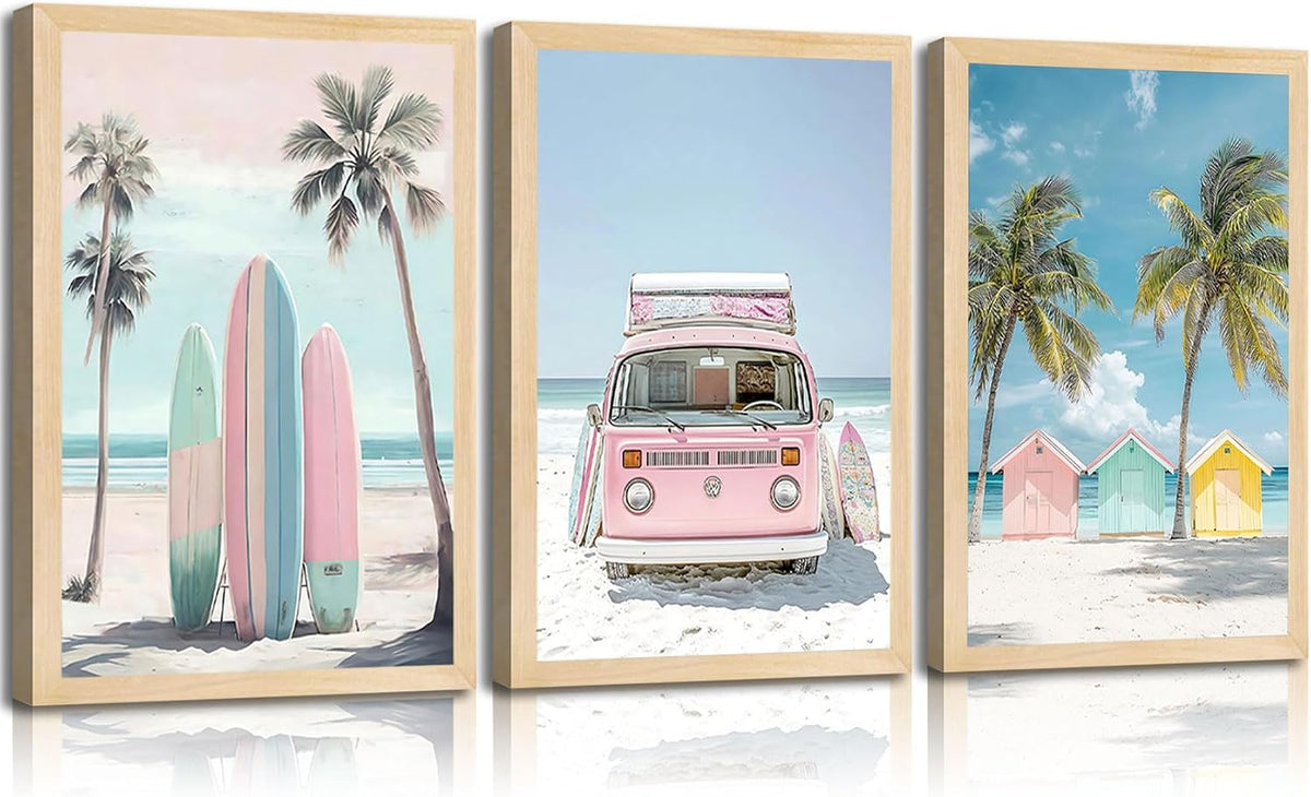 3Pcs Pink Beach Wall Art Tropical Teen Girl Coastal Canvas Poster Print Surfboard Palm Picture Wall Decor for Beach Room Bathroom Living Room Bedroom 12x16in Unframed